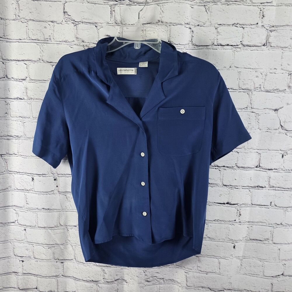 Vintage Liz Claiborne Womens Sz 2 Petite Blue 100% Silk Button-Up Shirt